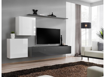 Conjunto de sala de estar gris con estantes de pared, estantería y mesa de madera de diseño nuevo.