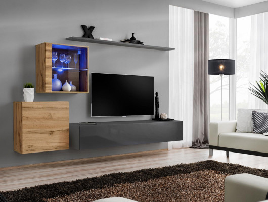 Conjunto completo de estantería de pared diseñada, muebles de lujo para la sala de estar en madera.