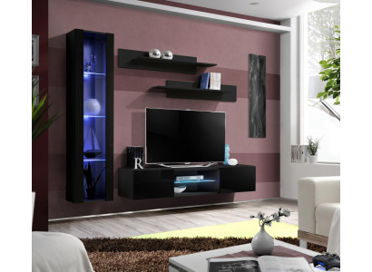 Conjunto de lujo de sala de estar en negro, 4 piezas. Mueble de televisión de sala de estar, vitrina colgante, estanterías de pared modernas.