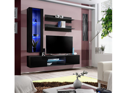 Mueble de salón con vitrina colgante, estantes de pared, soporte para TV y aparador
