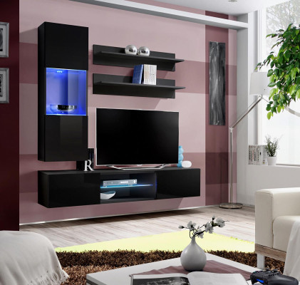 Lujo colgante vitrina conjunto de pared muebles de sala de estar en negro de alto brillo decoración