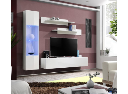 Muebles de sala en blanco, pared de diseño, lujo, soporte para TV, vitrina colgante, estantes.
