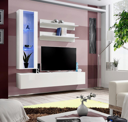Conjunto de muebles de diseñador para soporte de TV completo 4 piezas con cómoda baja colgante y vitrina.