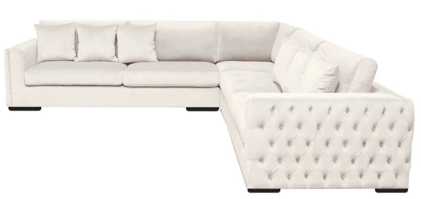 Sofá esquinero crema, juego de esquinero tapizado en terciopelo, diseño de muebles, sofá de salón.