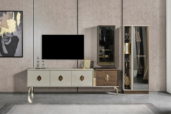 Conjunto de salón de diseñador de lujo: soporte de TV, vitrina, mueble de pared de 3 piezas.