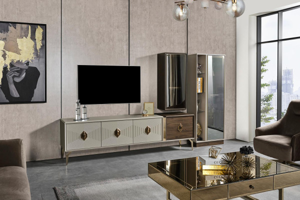 Conjunto de salón de diseñador de lujo: soporte de TV, vitrina, mueble de pared de 3 piezas.