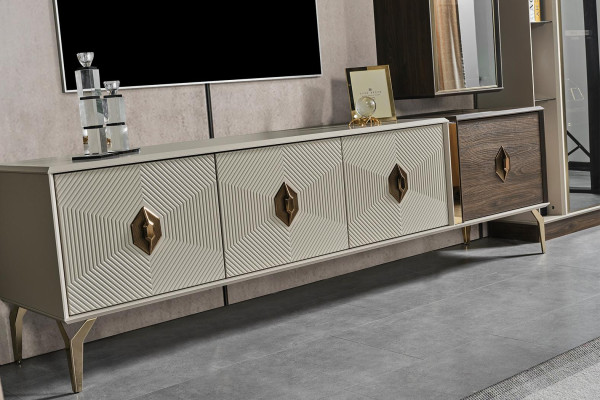 Conjunto de salón de diseñador de lujo: soporte de TV, vitrina, mueble de pared de 3 piezas.