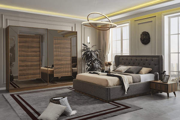 Juego de dormitorio con cama tapizada, 2 mesitas de noche, armario de 4 piezas.