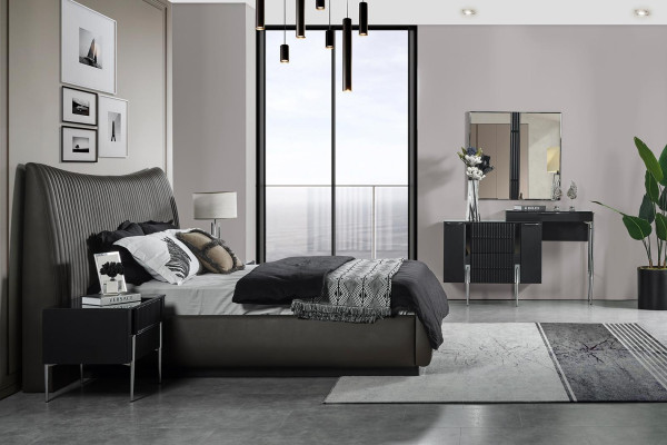 Negro conjunto de dormitorio diseñador cama 2 mesitas de noche tocador de maquillaje de 5 piezas