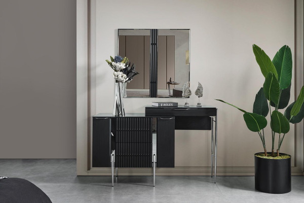 Negro conjunto de dormitorio diseñador cama 2 mesitas de noche tocador de maquillaje de 5 piezas