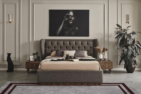 Set de dormitorio moderno Cama de diseñador 2 mesitas de noche Cómoda Espejo