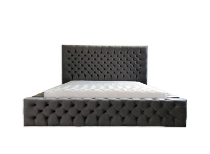 Chesterfield gris diseño de dormitorio doble de madera elegante tapizado en tela