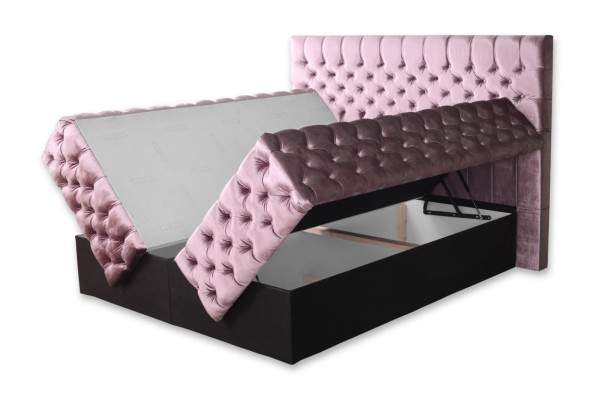 Dormitorio doble Chesterfield rosa con diseño de muebles de madera, elegante tapizado de tela.
