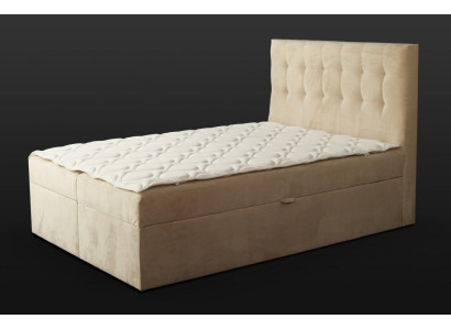 Cama Chesterfield beige diseño elegante de dormitorio de madera con tapizado en tela.