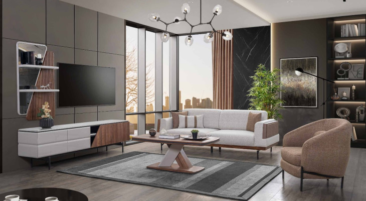 Conjunto de sala moderna: sofá de 3 plazas, mesa de centro, soporte para TV, estantería de pared, 5 piezas