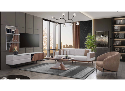 Conjunto de sala moderna: sofá de 3 plazas, mesa de centro, soporte para TV, estantería de pared, 5 piezas