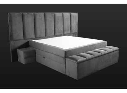 Cama doble gris + 2 mesitas de noche diseño clásico de muebles de dormitorio elegante.