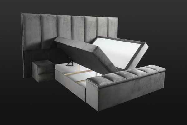Cama doble gris + 2 mesitas de noche diseño clásico de muebles de dormitorio elegante.