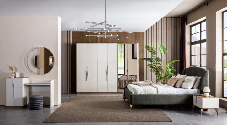 Set de dormitorio moderno cama 2 mesitas de noche tocador con espejo armario nuevo