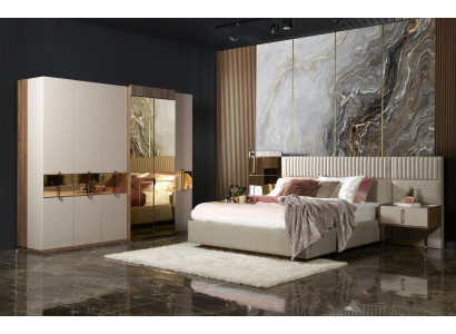 Set de dormitorio de lujo Cama + 2 mesitas de noche Armario moderno de madera nuevo