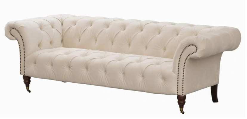 Beige Chesterfield de tres plazas, diseño moderno, sofá de tela, muebles de diseñador.