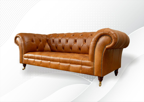 Chesterfield sofá de 3 plazas en cuero marrón nogal de diseño moderno.