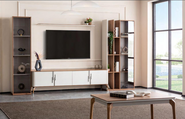 Pared de sala de estar con soporte para TV, estantería de diseño de lujo, conjunto de 4 piezas, muebles modernos nuevos.