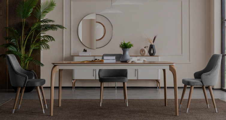 Mesa de comedor de lujo, mesa de comedor, esquina de comedor, mesa de comedor moderna de madera marrón.
