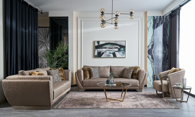 Sofá de tela, juego de sofá de tres plazas, sofá tapizado marrón, conjunto moderno de 3 piezas.