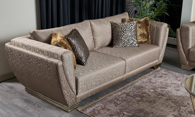 Sofá de tela, juego de sofá de tres plazas, sofá tapizado marrón, conjunto moderno de 3 piezas.