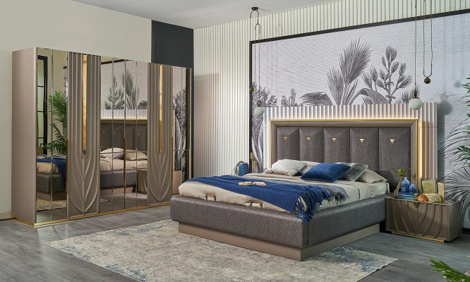 Muebles de dormitorio completos Cama doble Cama Marrón Set de 4 piezas Mesillas de noche