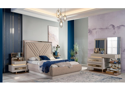 Cama doble Dormitorio completo Cama Beige 4 piezas Madera Tocador