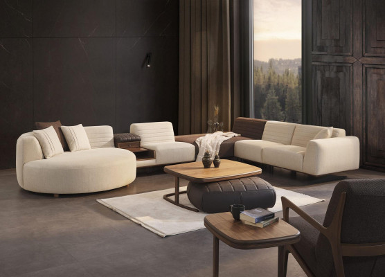 Conjunto de sala de estar Sofá de esquina en forma de U Nuevo Sillón de lujo Mesa de centro de madera Heces