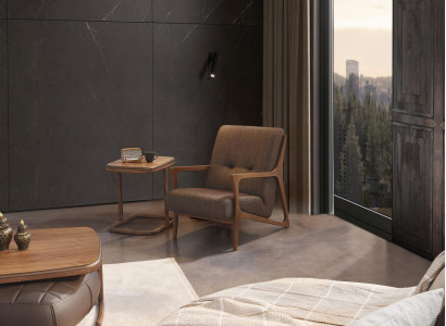 Sillón marrón tapizado muebles sala de estar madera decoración lujo textil nuevo