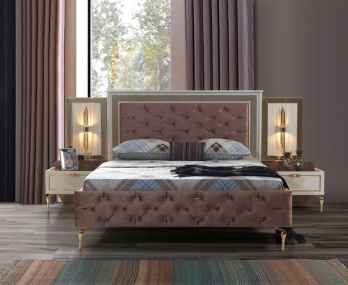 Diseño de cama de dormitorio en lujo, camas tapizadas marrones modernas.