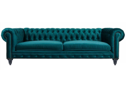 Sofá de tres plazas Chesterfield, muebles creativos, tela textil turquesa, salón moderno.