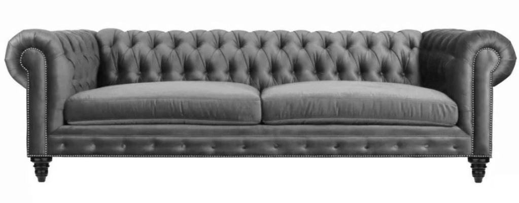 Sofá de tres plazas Chesterfield, muebles creativos, tela de textil, gris, nuevo, salón moderno.