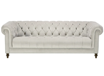 Tresillo de tela de diseño de tres plazas en plata, nuevos originales Chesterfield.