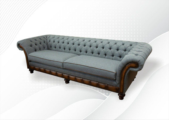 Gran sofá XXL de 4 plazas Chesterfield, juego de tapizado de cuero y textil gris.