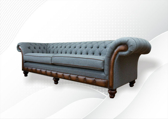 Gran sofá XXL de 4 plazas Chesterfield, juego de tapizado de cuero y textil gris.