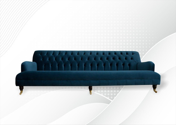Gran sofá Chesterfield de 250 cm, 4 plazas, tapizado en cuero y tela turquesa.