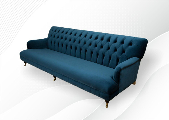 Gran sofá Chesterfield de 250 cm, 4 plazas, tapizado en cuero y tela turquesa.