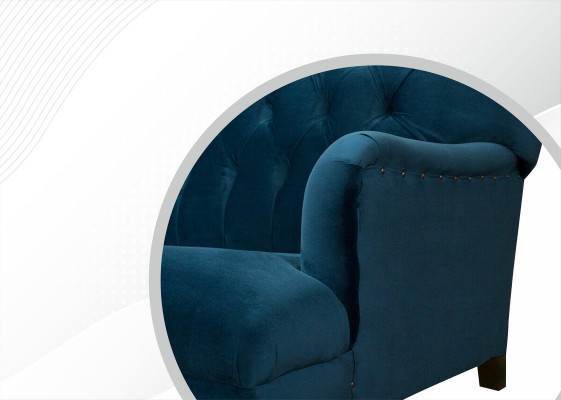Gran sofá Chesterfield de 250 cm, 4 plazas, tapizado en cuero y tela turquesa.