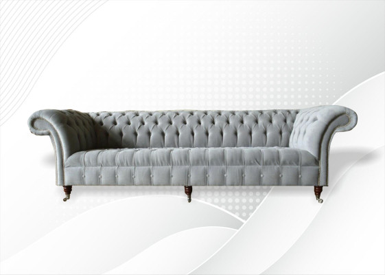 Sofá grande gris Chesterfield 265 cm, sofás tapizados de 4 plazas de cuero.