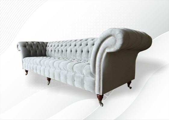Sofá grande gris Chesterfield 265 cm, sofás tapizados de 4 plazas de cuero.
