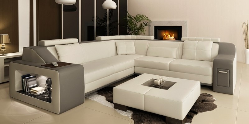 Ecksofa de cuero y textil con puerto USB, juego de muebles tapizados para sala de estar en forma de L.