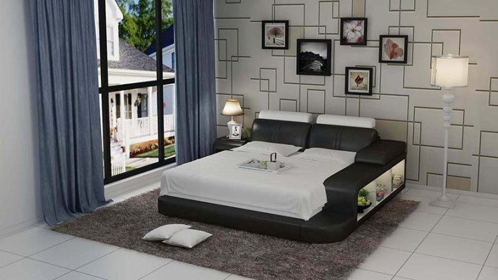 Diseño de cama doble acolchada moderna para dormitorio con USB y estante 180x200cm.