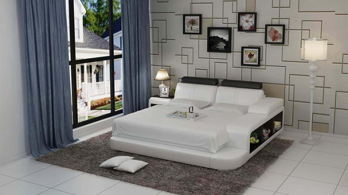 Diseño de cama doble acolchada moderna para dormitorio con USB y estante 180x200cm.