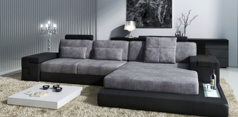 Forma de sofá de esquina de cuero XXL para vivir en textiles de tapicería en tela.