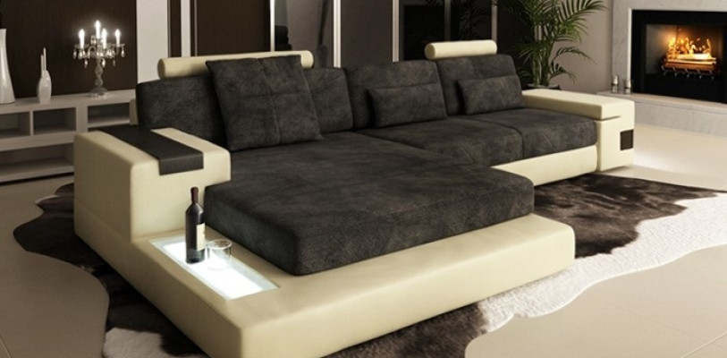 Forma de sofá de esquina de cuero XXL para vivir en textiles de tapicería en tela.